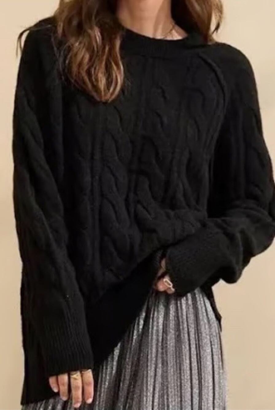 Aerie unREAL Cable Crew Sweater Oversized Solid Black Size S